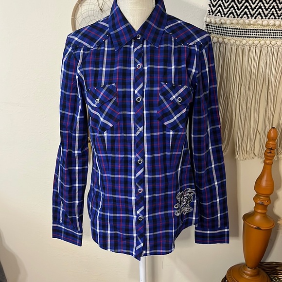 Harley-Davidson Plaid Button-down Long Sleeved Top/ Size Medium/ Blue - Picture 1 of 9